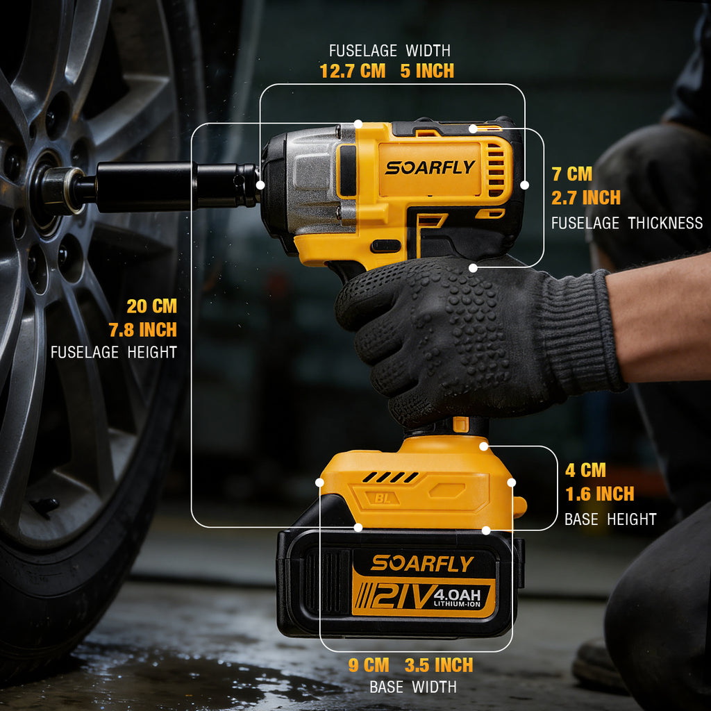 SOARFLY Cordless Impact Wrench Kit, 1/2" 443 Ft-lbs (600 N·m) Brushless Impact Gun, 4-in-1 21V High Torque Power Driver with 2× 4.0Ah Batteries, 3 Speeds for Tire Removal, Car & Home Repair