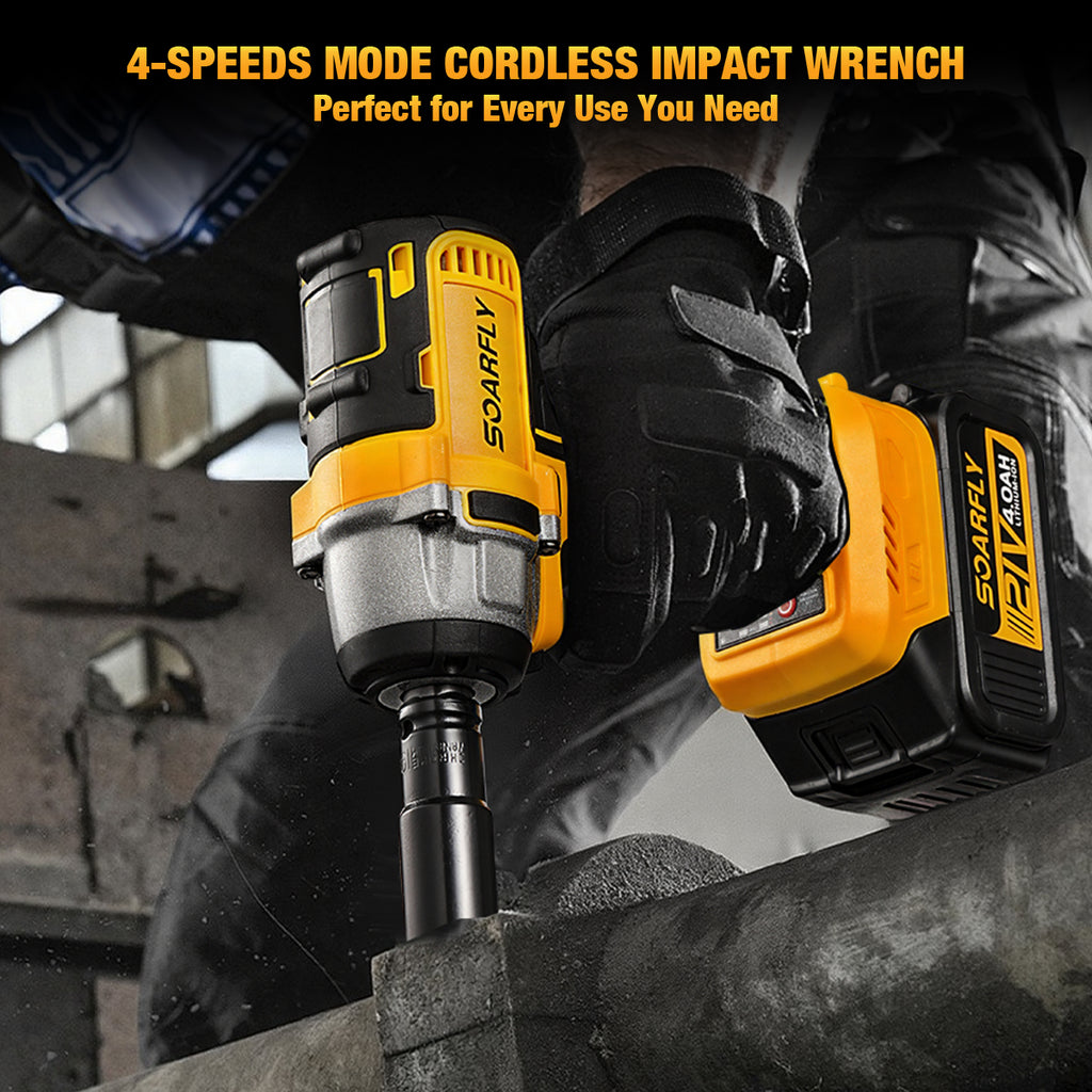 SOARFLY Cordless Impact Wrench Kit, 1/2" 443 Ft-lbs (600 N·m) Brushless Impact Gun, 4-in-1 21V High Torque Power Driver with 2× 4.0Ah Batteries, 3 Speeds for Tire Removal, Car & Home Repair