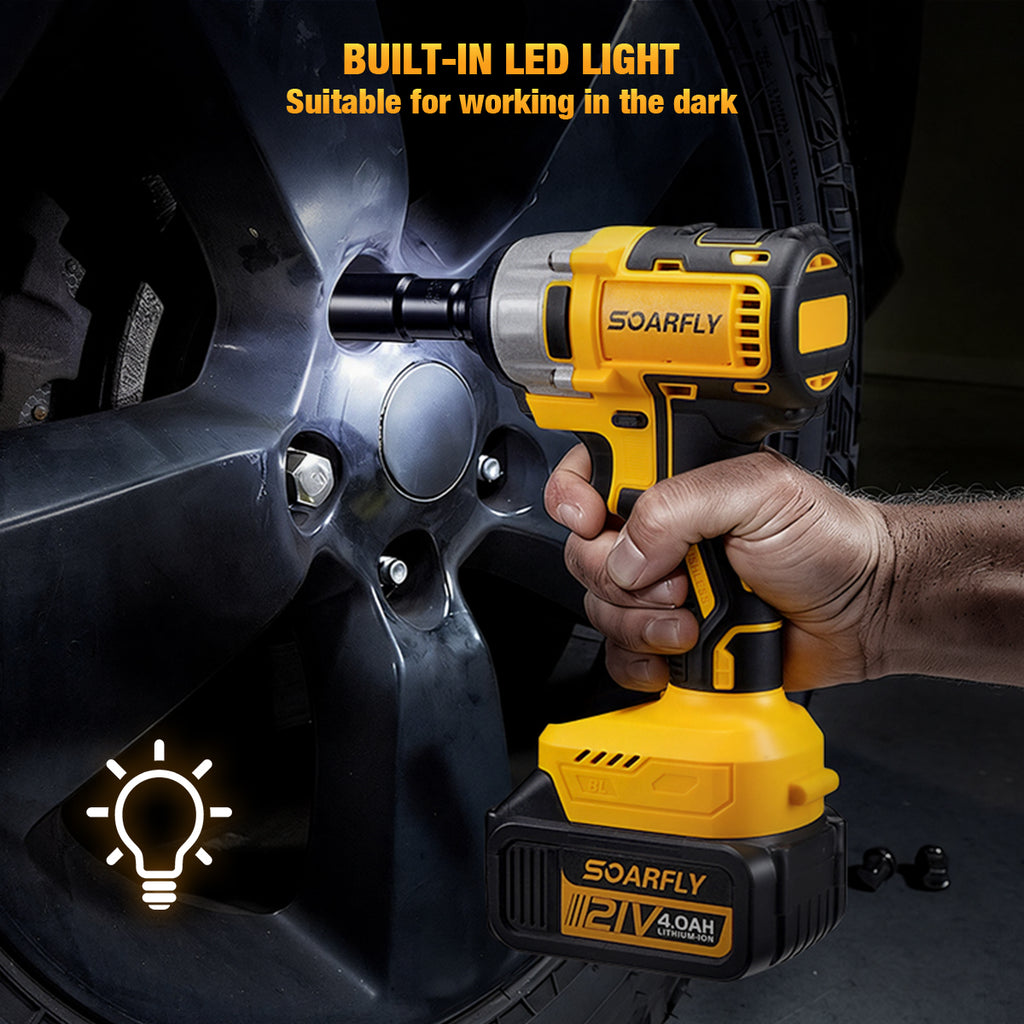 SOARFLY Cordless Impact Wrench Kit, 1/2" 443 Ft-lbs (600 N·m) Brushless Impact Gun, 4-in-1 21V High Torque Power Driver with 2× 4.0Ah Batteries, 3 Speeds for Tire Removal, Car & Home Repair