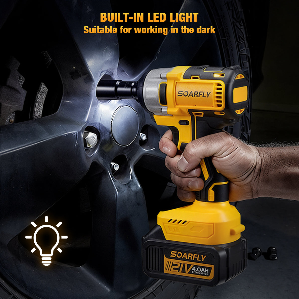 SOARFLY Cordless Impact Wrench Kit, 1/2" 443 Ft-lbs (600 N·m) Brushless Impact Gun, 4-in-1 21V High Torque Power Driver with 2× 4.0Ah Batteries, 3 Speeds for Tire Removal, Car & Home Repair
