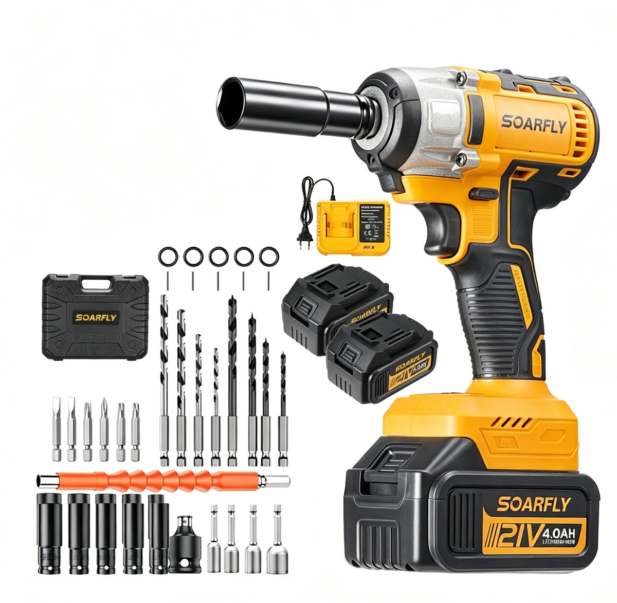 SOARFLY Cordless Impact Wrench Kit, 1/2" 443 Ft-lbs (600 N·m) Brushless Impact Gun, 4-in-1 21V High Torque Power Driver with 2× 4.0Ah Batteries, 3 Speeds for Tire Removal, Car & Home Repair