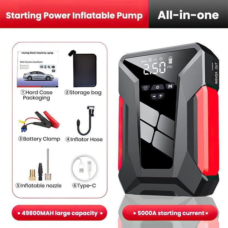 SOARFLY Car Jump Starter 99800 mAh 5 IN 1 Car tool set Portable Tire inflator Air Pump,Emergency Powerbank